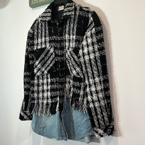 Charlie Luciano Tweed Patchwork denim Shirt shacket Black oversized medium top - Picture 5 of 9